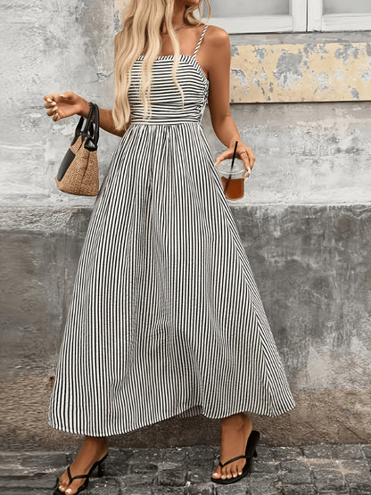 Women'S New Striped Back Hole, Long Camisole Dress, Fashionable Elegant Commute Vacation, Casual Party, Street Trendy, Daily A-Line Skirt, Suitable for Spring Summer