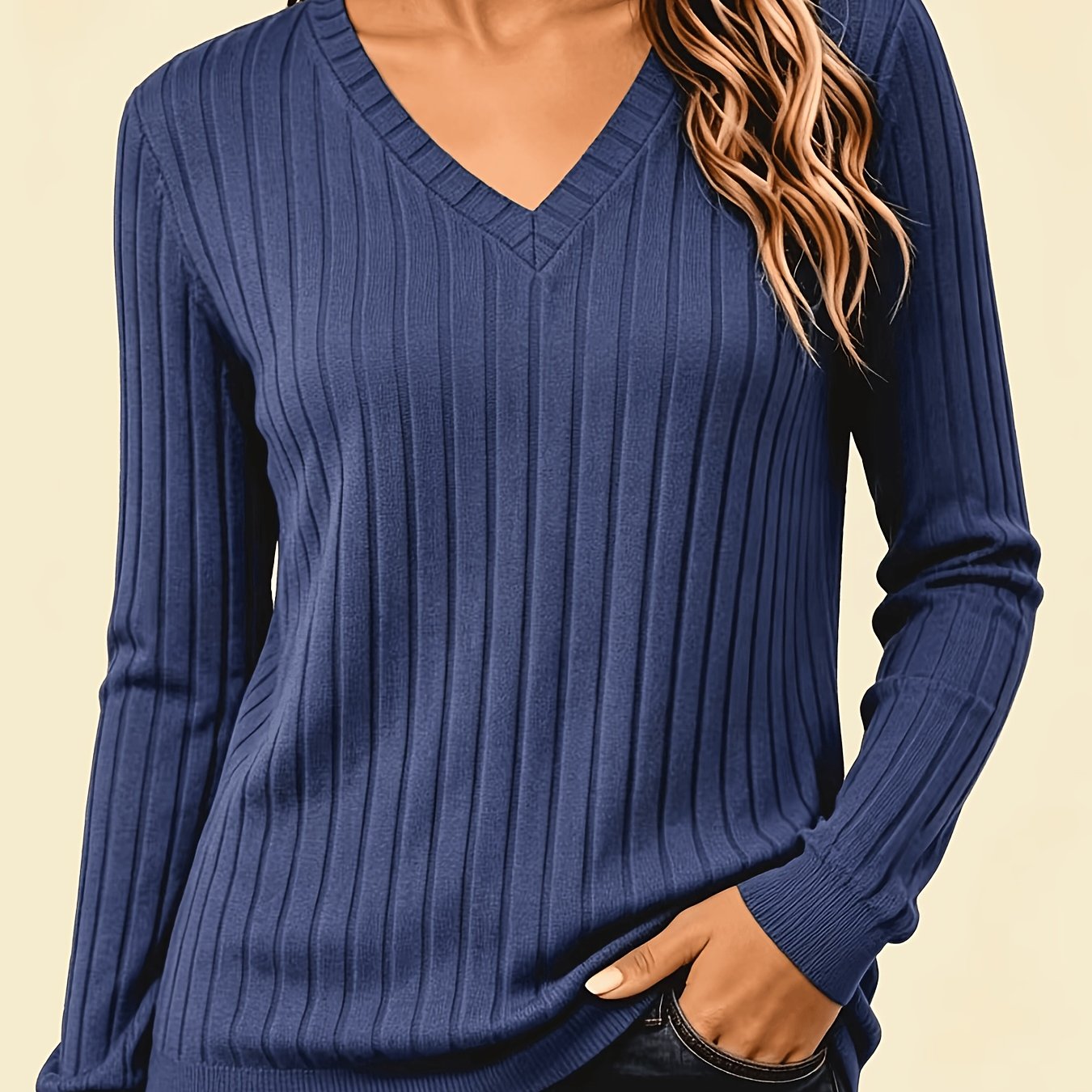 Autumn And Winter Solid Color Loose Women'S V-Neck Long Sleeve Ribbed Brushed T-Shirt Top
