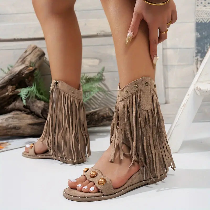 Comfortable Gladiator Sandals for Women with Long Fringe Trim Stud Detail Flat Ankle Strap Style