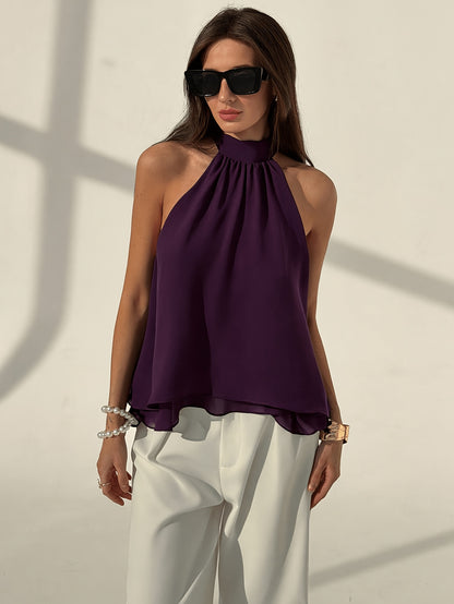 Plum Purple Sexy Bohemian Minimalist Off-Shoulder Ruched Chiffon A-Line Women'S Top, Spring/Summer Style, Spring Women'S Wear, Beach Vacation Outfit, Summer Holiday Attire, Casual Top, Women'S Vacation Wear
