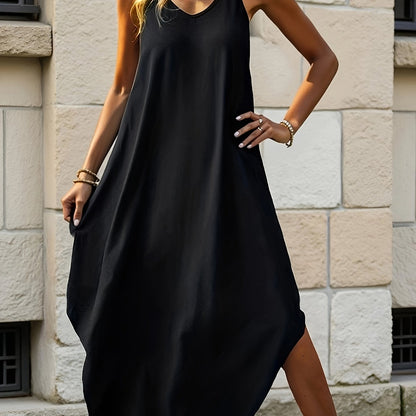 Women's Dress, Fashionable Elegant Casual Simple Solid Color Curved Hem Dress, Double Spaghetti Strap Design, Long Women's Dress, Suitable for Vacation, Dates, Commuting, Leisure Moments, Daily Wear, Women's A-line Dress for Spring, Summer, and