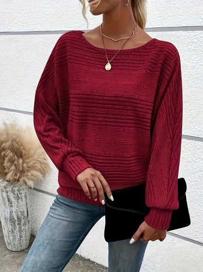 Specially Developed Fashionable Casual Ribbed Loose-fit Crewneck Batwing Sleeve Y Pullover Top for Women