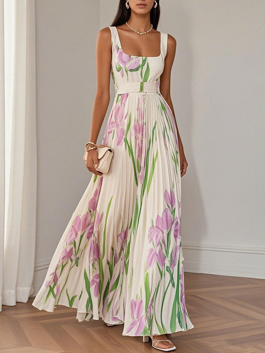 Effortless Floral Maxi Dress for Women with Square Neck Sleeveless Pleated Flowing Bohemian Style