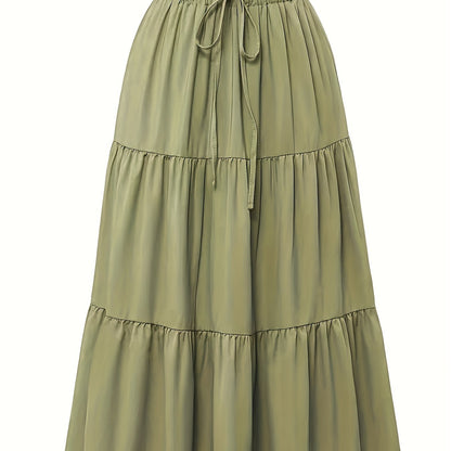 Women's Olive Green Pleated Midi Skirt - Lightweight Adjustable Drawstring Waist, Hand Washable Spring/Summer Elegant Solid Color Skirt for Casual & Formal Outfits, Casual Attire, Nontransparent Fabric, Spring Fashion, Classic Style, Breathable Material,