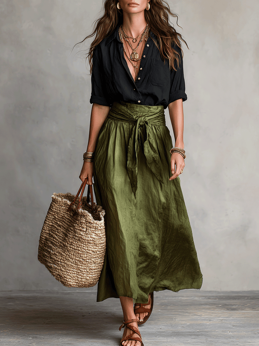 Effortless Linen Two Piece Set for Women with Collar Long Sleeve Tie Waist Maxi Skirt Bohemian Style