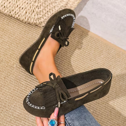 Comfortable House Shoes for Women with Fringe Bow Suede Moccasin Slip On Style