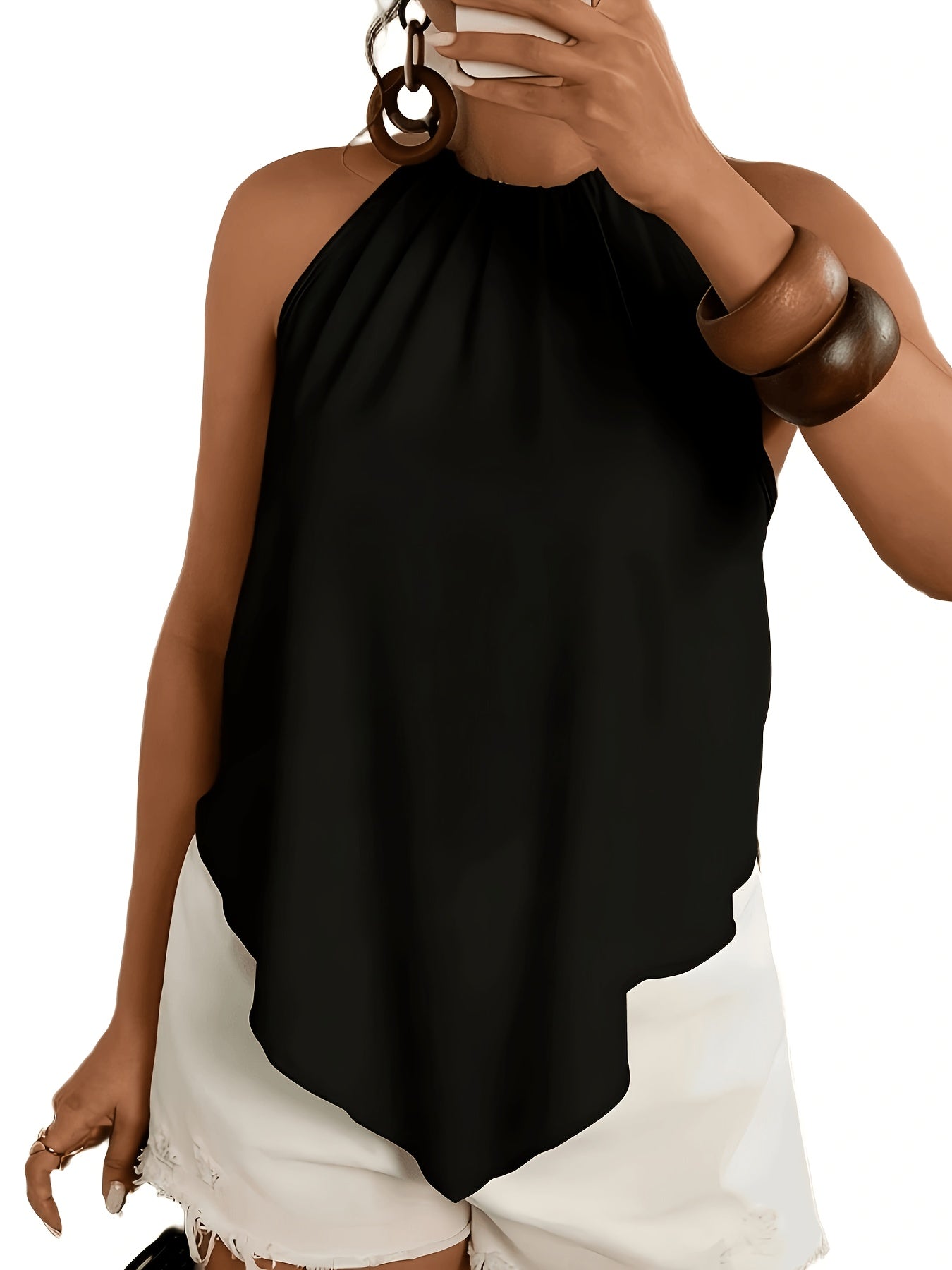 Women'S Fashion Asymmetrical Hem Tie-Neck Sleeveless Blouse, Suitable for Spring And Summer Wear