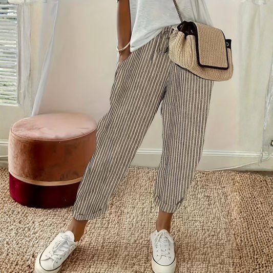 Effortless Striped Linen Pants for Women with High Waist Cuffed Hem Tapered Relaxed Casual Style