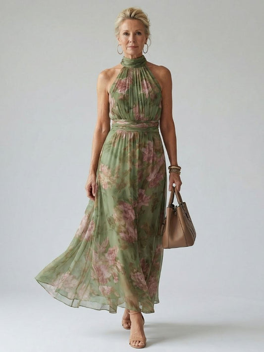 Elegant Green Floral Maxi Dress for Women with Halter Neck Ruched Waist Flowing Wedding Guest Style