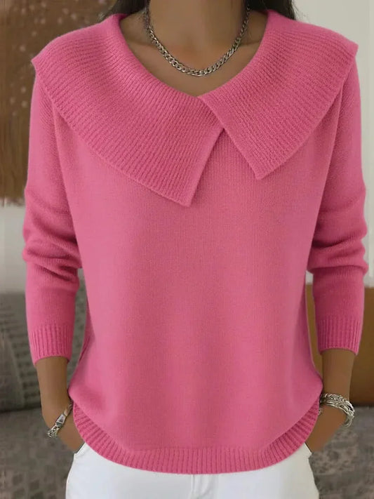 Comfortable Sweater for Women with Fold Over Collar Long Sleeve Relaxed Oversized Knit Style