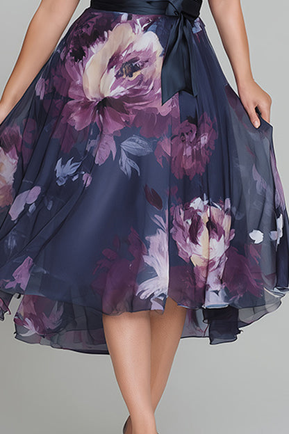 Flycurvy Plus Size Wedding Guest Navy Blue Organza Floral Print Wrap Midi Dress With Belt