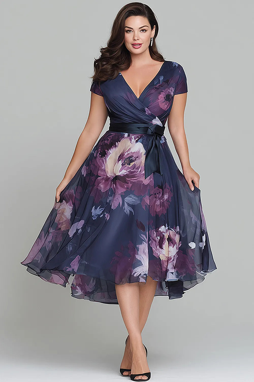 Flycurvy Plus Size Wedding Guest Navy Blue Organza Floral Print Wrap Midi Dress With Belt