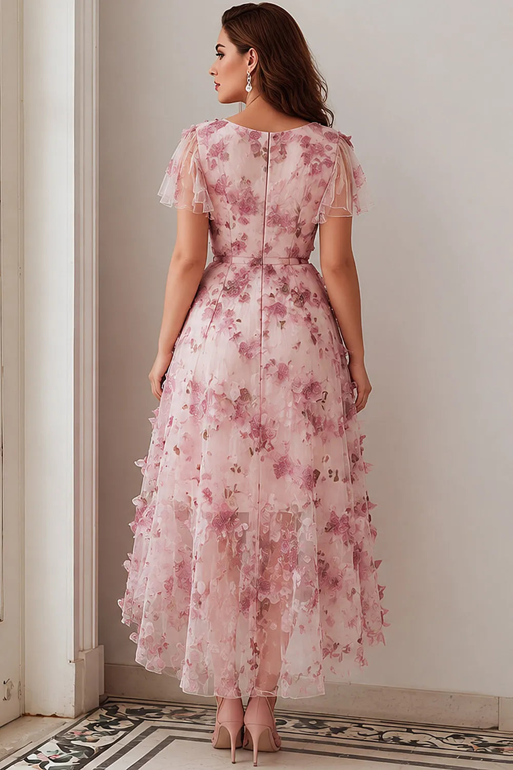 Flycurvy Plus Size Wedding Guest Light Pink Mesh 3D Floral Flutter Sleeve High Low Hem Midi Dress