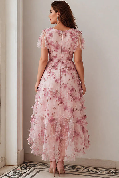 Flycurvy Plus Size Wedding Guest Light Pink Mesh 3D Floral Flutter Sleeve High Low Hem Midi Dress