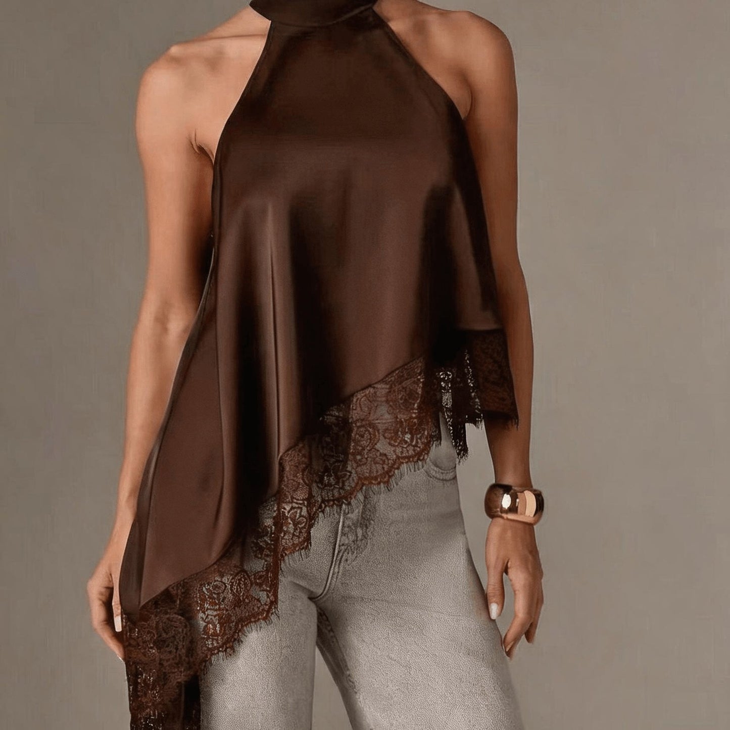 Irregular Patchwork Lace Neckline Halter Top, Women's Elegant Vest