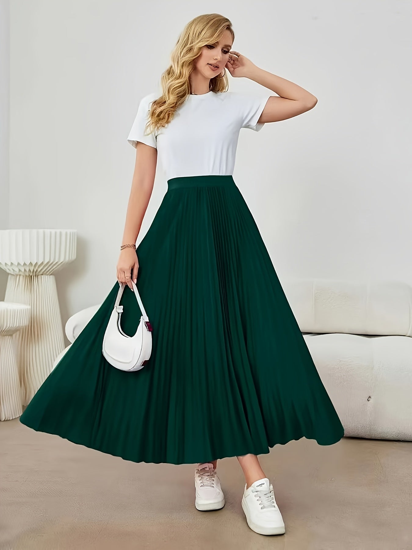 Women's Elegant High-Waisted Pleated Midi Skirt - Non-Stretch Machine-Washable All-Season Versatile Solid Color Smooth Texture for Casual & Formal Outfits, Cute Skirts, Nonelastic Fabric
