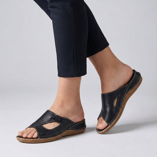 Comfortable Leather Cutout Wedge Sandal for Women with Open Toe Slip On Stitched Detail Casual Style
