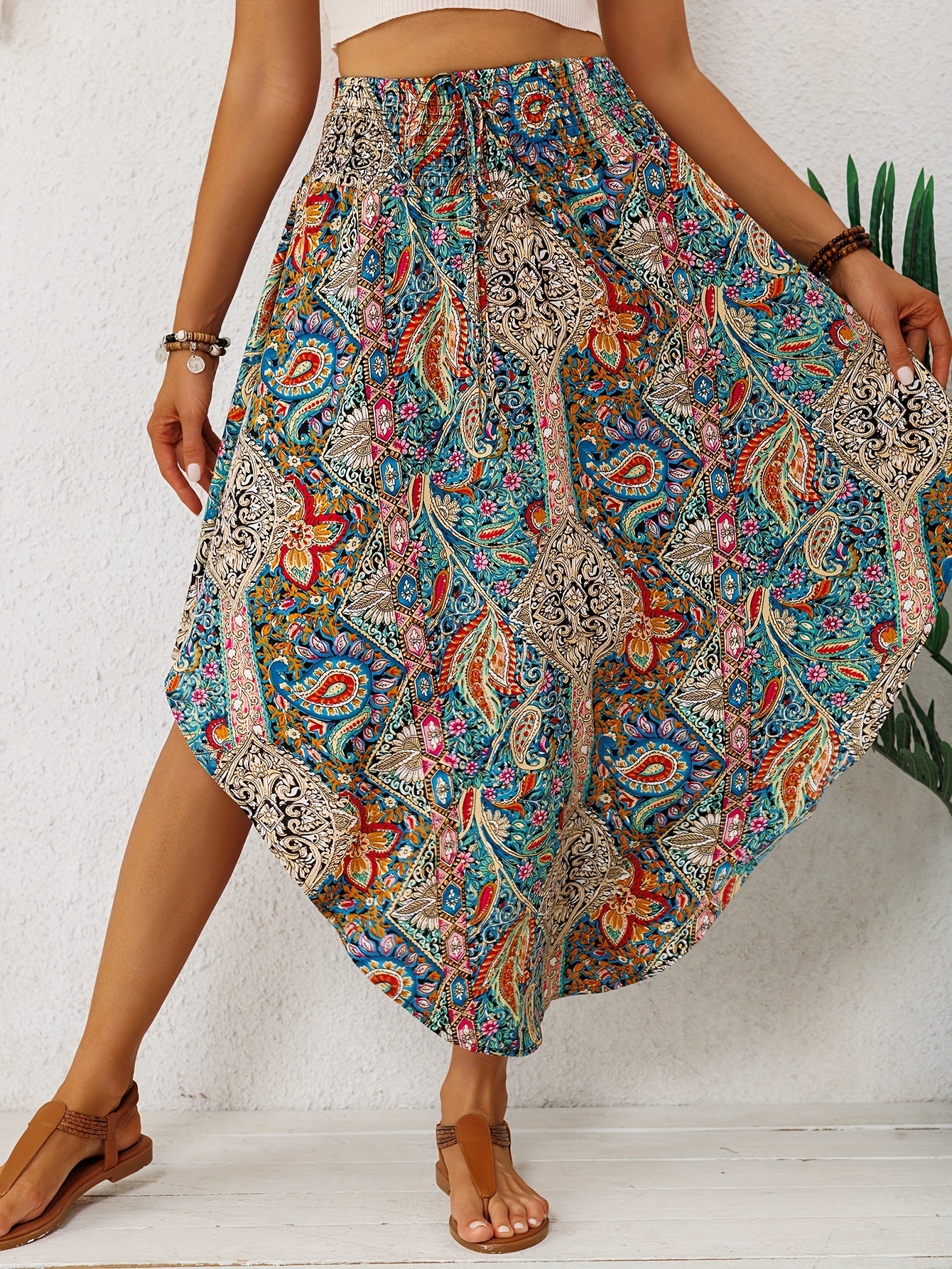 2026 Spring/Summer Bohemian Print Midi Skirt for Women, Elastic High Waist, Irregular Curved Hem, Flared Midi Dress, Vintage Ethnic Style, Vacation,, Flowy, Beach, Casual Skirt