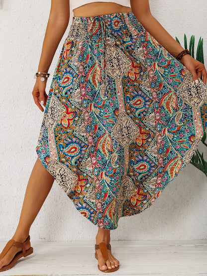 2026 Spring/Summer Bohemian Print Midi Skirt for Women, Elastic High Waist, Irregular Curved Hem, Flared Midi Dress, Vintage Ethnic Style, Vacation,, Flowy, Beach, Casual Skirt