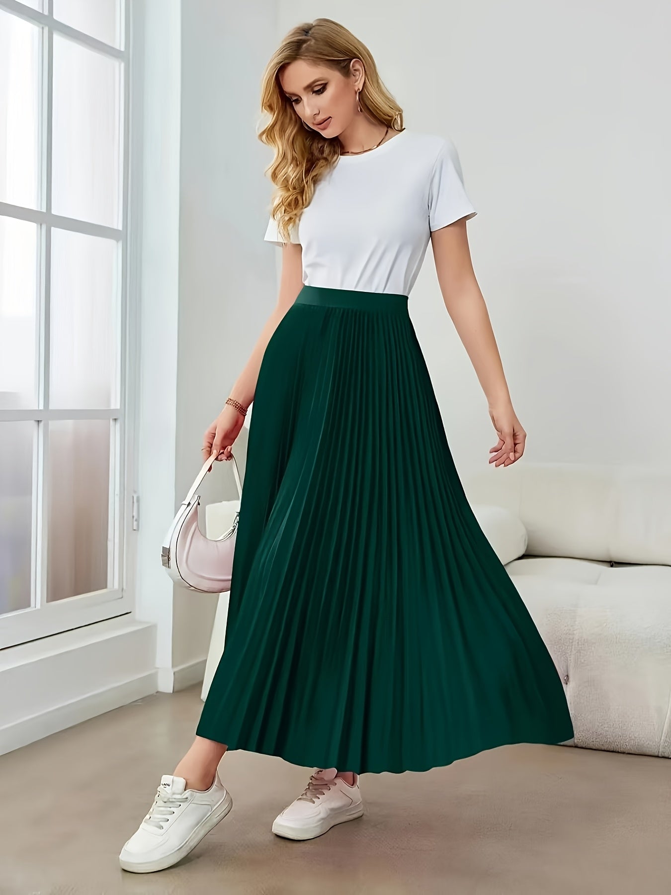 Women's Elegant High-Waisted Pleated Midi Skirt - Non-Stretch Machine-Washable All-Season Versatile Solid Color Smooth Texture for Casual & Formal Outfits, Cute Skirts, Nonelastic Fabric