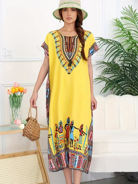 Effortless Embroidered Kaftan Maxi Dress for Women with V Neck Short Sleeve Tribal Print Flowing Bohemian Style
