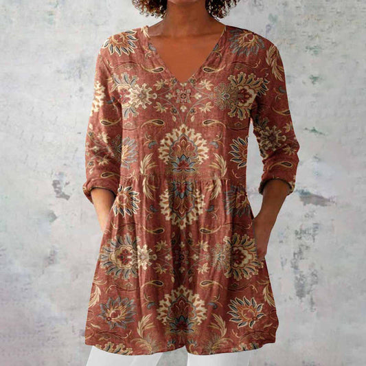 Effortless Rust Paisley Floral Tunic Top for Women with V Neck Elbow Sleeve Tiered Relaxed Bohemian Style