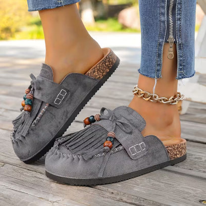 Stylish Mules for Women with Fringe Tassel Beaded Suede Slip On Moccasin Style