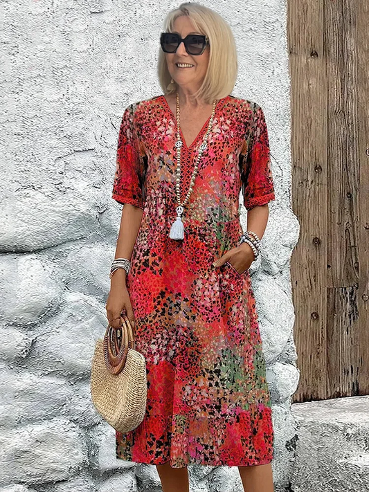 Effortless Abstract Floral Midi Dress for Women with V Neck Short Sleeve Flowing Bohemian Style