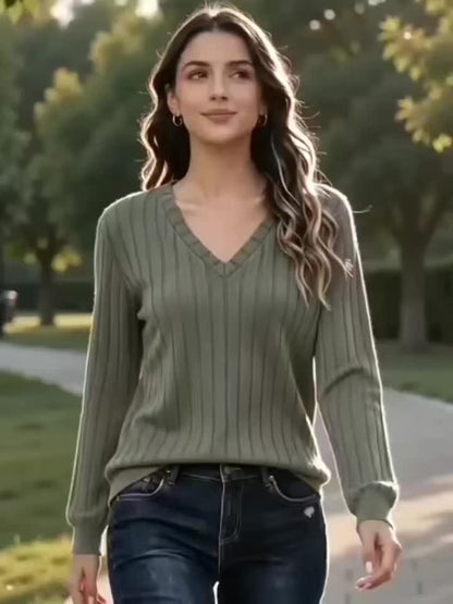 Autumn And Winter Solid Color Loose Women'S V-Neck Long Sleeve Ribbed Brushed T-Shirt Top