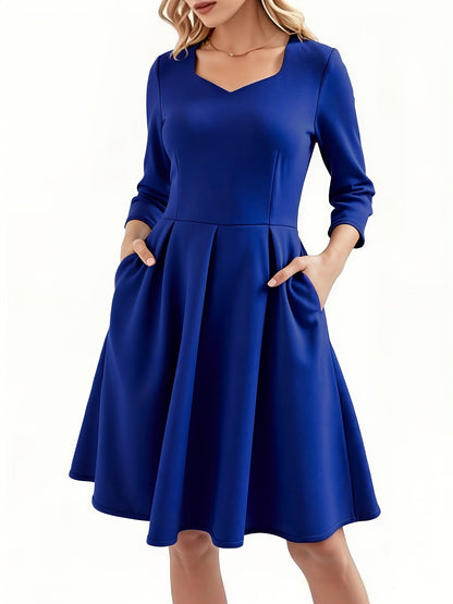Elegant Women'S Navy Blue Dress with Waist-Cinching and Flared Skirt | Square Neck, Solid Color, Pocket Details, Perfect for Spring/Fall, Ideal for Daily Commute and Work Meetings