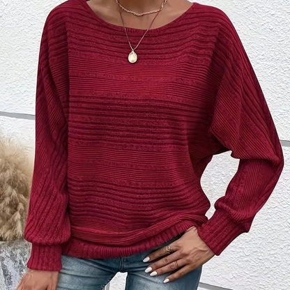 Specially Developed Fashionable Casual Ribbed Loose-fit Crewneck Batwing Sleeve Y Pullover Top for Women