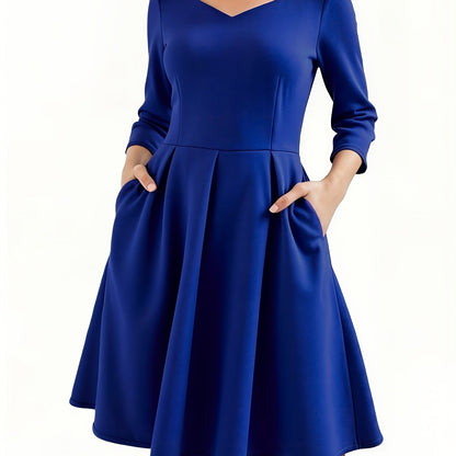Elegant Women'S Navy Blue Dress with Waist-Cinching and Flared Skirt | Square Neck, Solid Color, Pocket Details, Perfect for Spring/Fall, Ideal for Daily Commute and Work Meetings