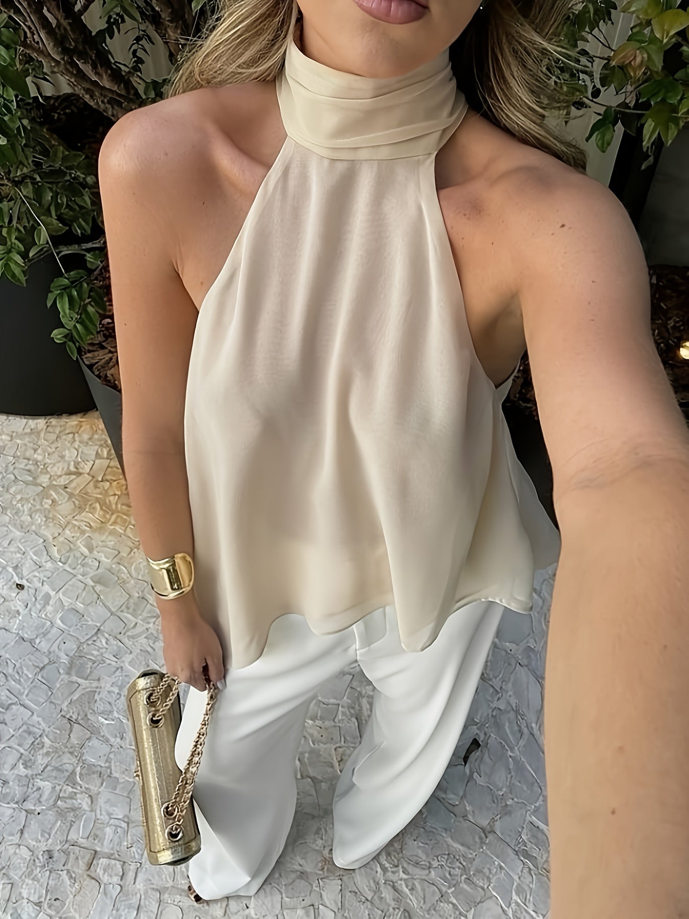 Sexy Halter Back Tank Top New Temperament Ribbon Design Aesthetic Back Satin Sleeveless Top