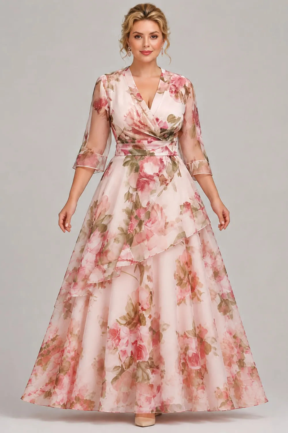 Flycurvy Plus Size Wedding Guest Pink Organza Floral Print Wrap 3/4 Sleeve Layered Asymmetrical Hem Maxi Dress