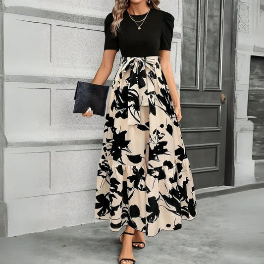 Effortless Floral Print Maxi Dress for Women with Round Neck Puff Sleeve Tie Waist Tiered Flowing Style