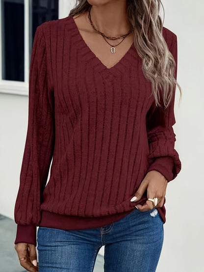 Autumn And Winter Solid Color Loose Women'S V-Neck Long Sleeve Ribbed Brushed T-Shirt Top