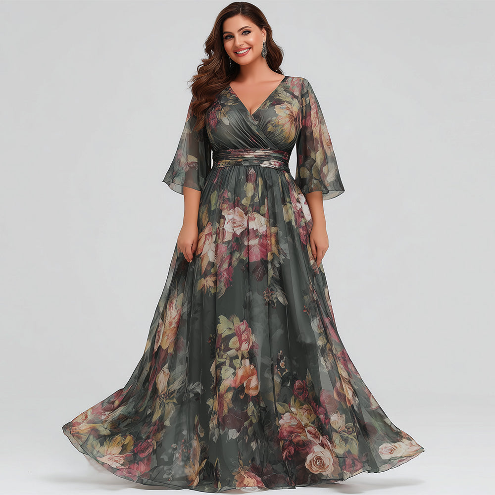 Flycurvy Plus Size Wedding Guest Dusty Green Chiffon Floral Print Wrap Flutter Sleeve Maxi Dress