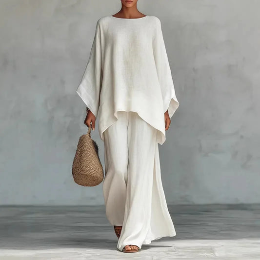 Effortless Linen Wide Leg Set for Women with Round Neck Batwing Sleeve Asymmetrical Hem Relaxed Two Piece Style
