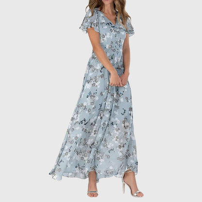 Effortless Floral Maxi Dress for Women with V Neck Flutter Sleeve Flowing Chiffon Boho Style