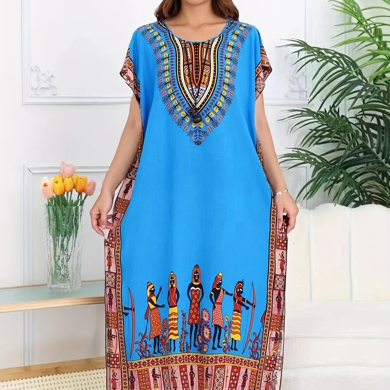 Ethnic Style Dress Summer New Bohemian Style Vacation Batwing Sleeve Dress Loose Beach Dress