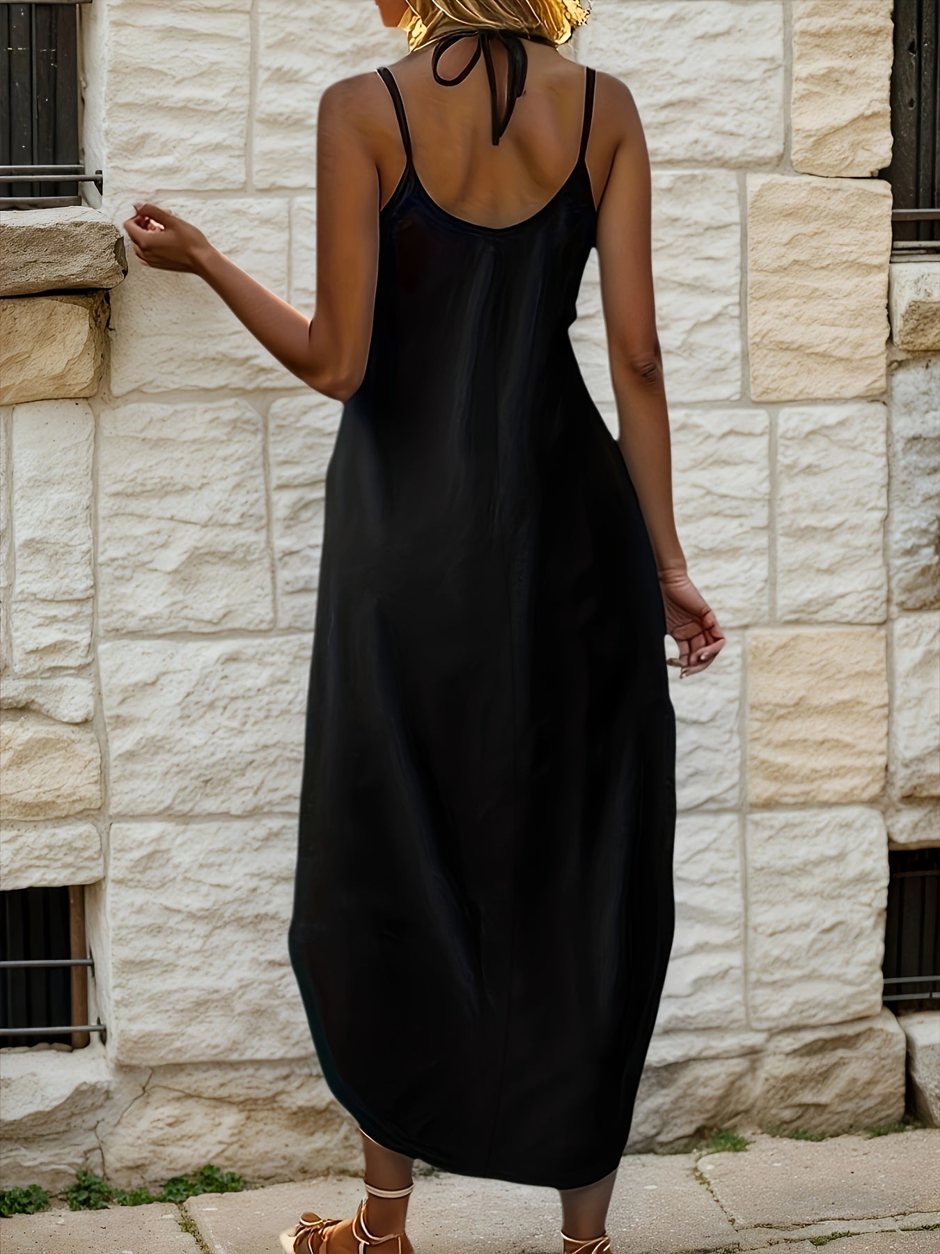 Women's Dress, Fashionable Elegant Casual Simple Solid Color Curved Hem Dress, Double Spaghetti Strap Design, Long Women's Dress, Suitable for Vacation, Dates, Commuting, Leisure Moments, Daily Wear, Women's A-line Dress for Spring, Summer, and