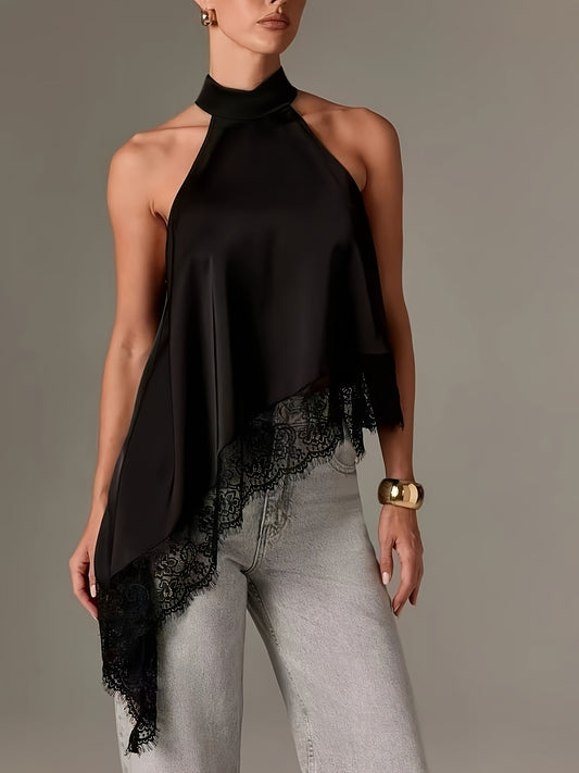 Elegant Satin Lace Trim Blouse for Women with Halter Neck Sleeveless Asymmetric Hem Flowing Style