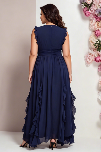 Flycurvy Plus Size Wedding Guest Navy Blue Chiffon Wrap Ruffle Sleeve And Hem Maxi Dress