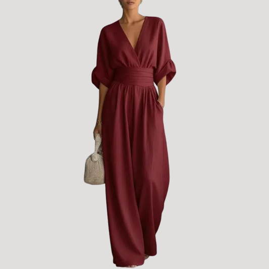 Elegant Wide Leg Jumpsuit for Women with V Neck Bell Sleeve Wrap Belted Flowing Style