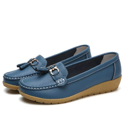 Comfortable Loafers for Women with Tassel Buckle Detail Moccasin Stitch Wedge Sole Style
