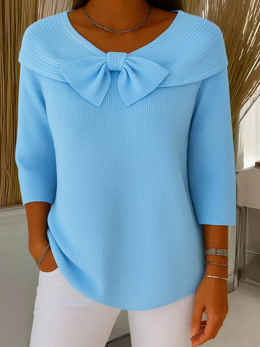Comfortable Ribbed Knit Sweater for Women with Foldover Collar Bow Detail Elbow Sleeve Relaxed Style