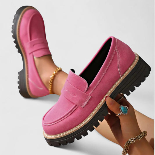 Comfortable Pink Suede Loafer for Women with Round Toe Platform Lug Sole Casual Style