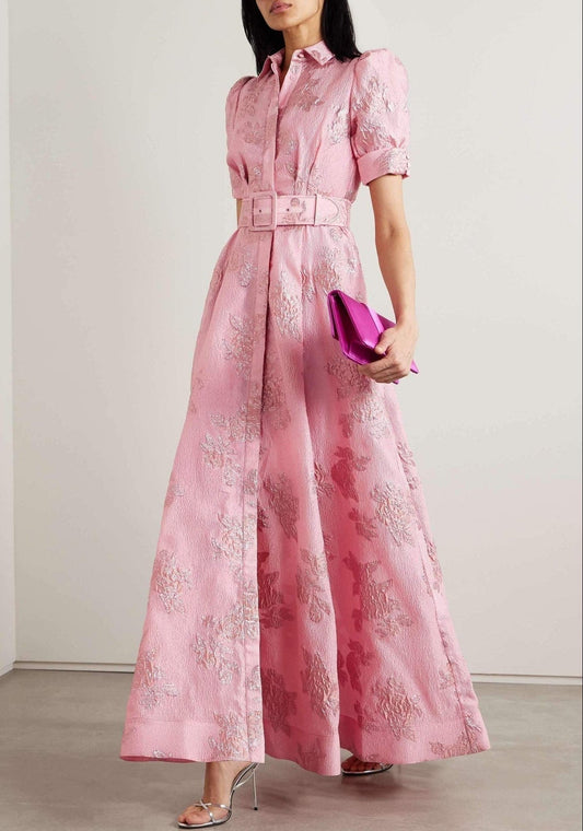 Elegant Pink Jacquard Maxi Dress for Women with Collar Puff Sleeve Belted Button Front Style