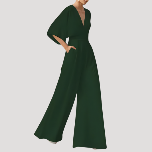 Elegant Wide Leg Jumpsuit for Women with V Neck Flutter Sleeve Fitted Waist Evening Style