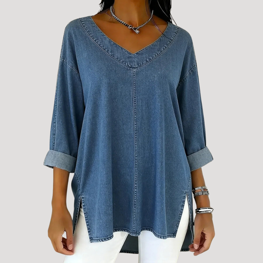 Effortless Denim Tunic Top for Women with V Neck Dropped Shoulder Sleeve Side Slit Oversized Style